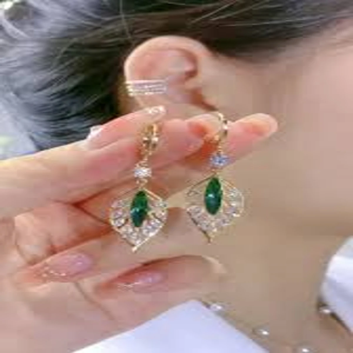 Zircon Green Leaf Crystal Bali Drop Earrings